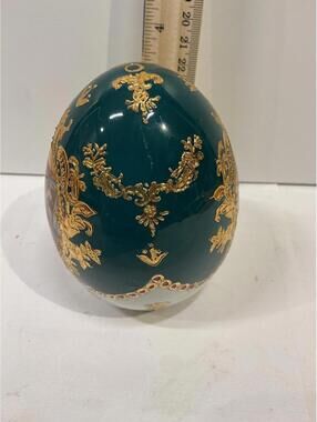 Faberge Style Porcelain Egg Green Gold Gilt Romantic Scene Decorative Egg